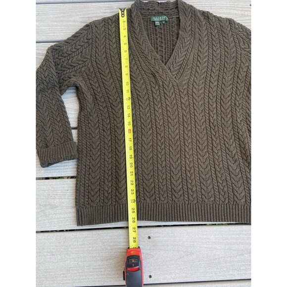 Ralph Lauren Sweater Womens 2X Green Cable Knit V-Neck Fisherman Preppy Cotton - Picture 9 of 16